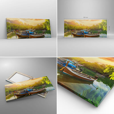 Wandbilder Dekoration Wohnzimmer Berge Boot Wasser Panorama Bilder auf Leinwand 120x50cm Leinwandbil