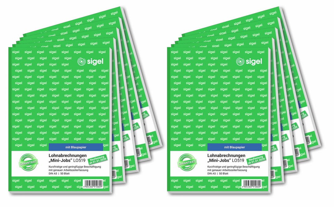 SIGEL LO519/10 Lohnabrechnungen für Mini-Jobs, für geringfügige / kurzfristige Beschäftigung, A5, 10