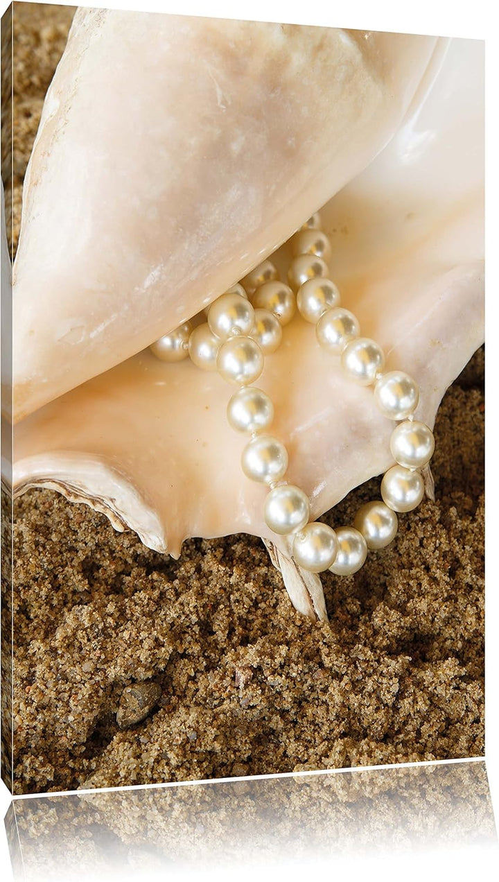 Pixxprint Muschel mit Perle Sand Strand / 100x70cm Leinwandbild bespannt auf Holzrahmen/Wandbild Kun