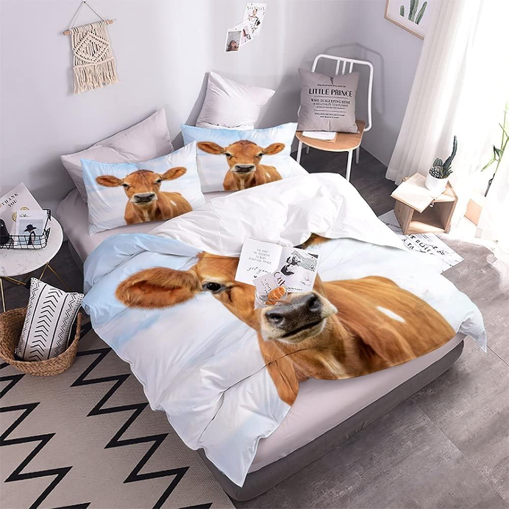 Kuh Tiere Bettwäsche 135×200 Weiche Mikrofaser 3D Druck Braune Kuh Bettbezug mit Reissverschluss Für