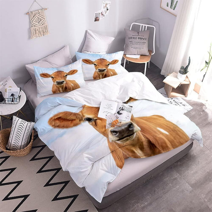 Kuh Tiere Bettwäsche 135×200 Weiche Mikrofaser 3D Druck Braune Kuh Bettbezug mit Reissverschluss Für