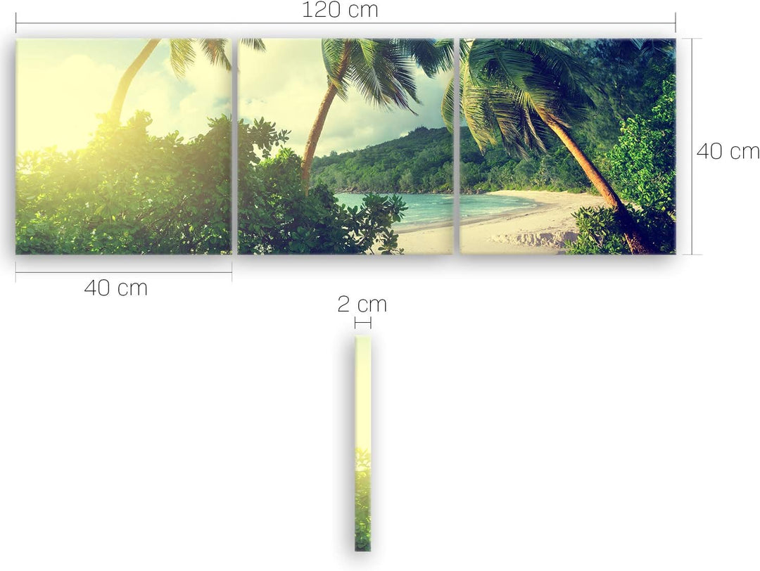 ge Bildet Bild auf Leinwand | Landschaftsbilder - Sonnenuntergang am Strand - Seychellen F in 120x40