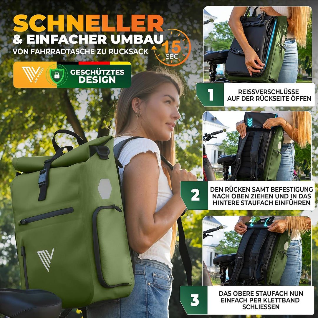 MIVELO 3in1 Fahrradtasche für Gepäckträger I Rucksack &amp; Gepäckträgertasche hinten - in 15 Sekunden u