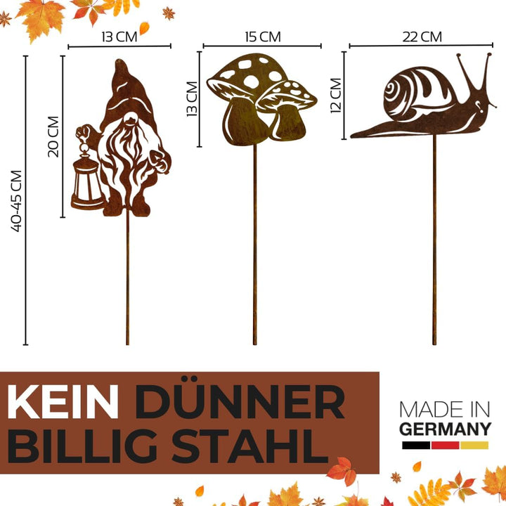 Terma Stahldesign Rostfigur Gartenstecker dreier Set Herbst Zwerg mit Schnecke und Pilz mit Spiess 4