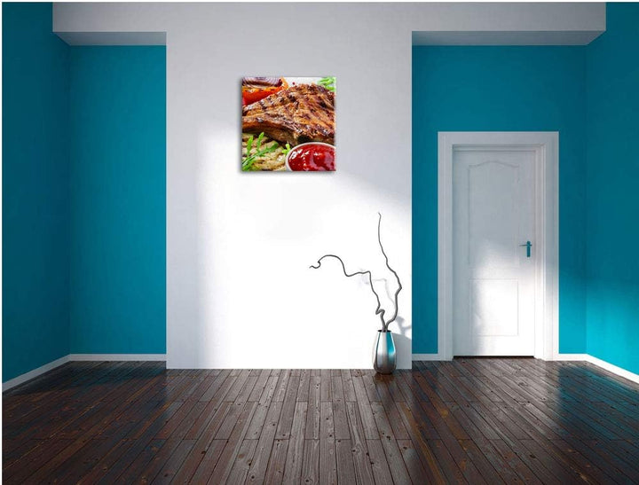 Gegrilltes Steak, Format: 70x70 auf Leinwand, XXL riesige Bilder fertig gerahmt mit Keilrahmen, Kuns