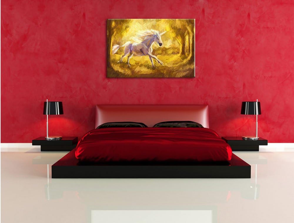 Pixxprint Einhorn im Wald / 100x70cm Leinwandbild bespannt auf Holzrahmen/Wandbild Kunstdruck Dekora