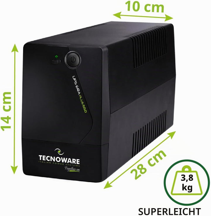 Tecnoware UPS 650VA für PC/Modem, Nicht für Gaming/Konsole, ERA Plus USV, 2 Schuko, Schutz vor Strom