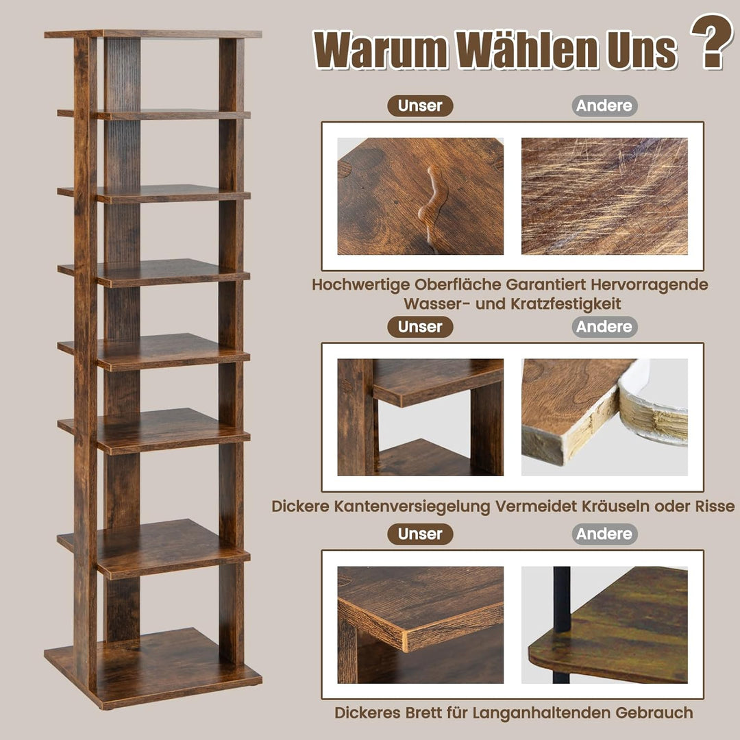 COSTWAY 8 stufiger Schuhständer höheverstellbar, Platzsparendes Schuhregal aus Holz, Schuh-Organizer