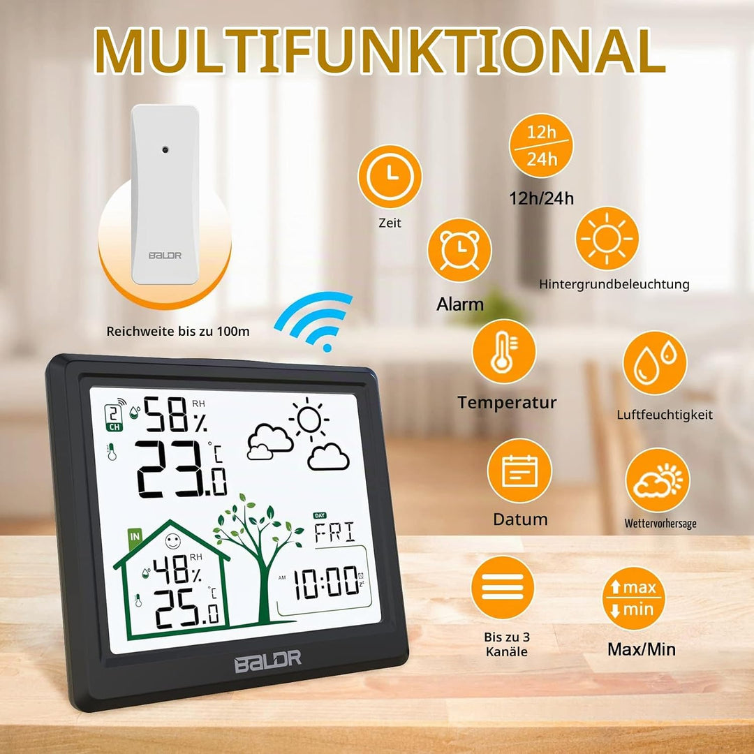 LEVIPE Wetterstation Funk mit Aussensensor, Digital Funkwetterstation mit Innen Aussen Temperatur- u