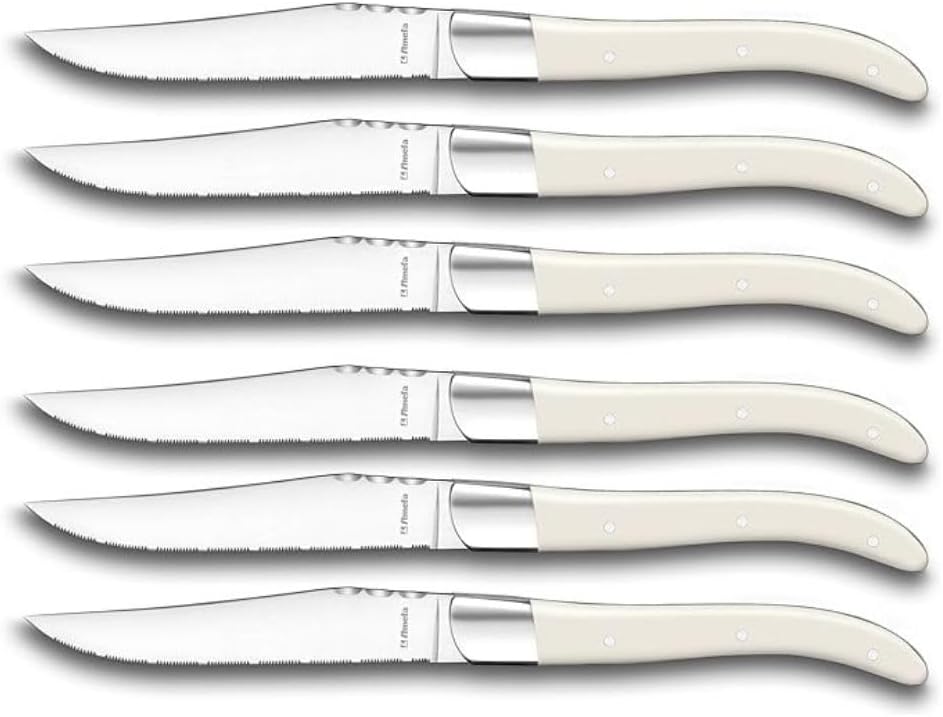 Amefa Lou Laguiole Steakmesser-Set 6-teilig | Griffe Weiss | Mikro-Wellenschliff mit langanhaltender
