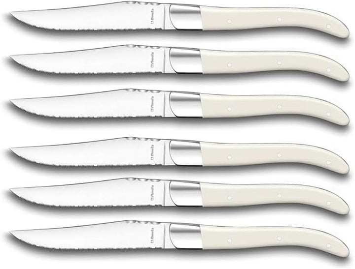 Amefa Lou Laguiole Steakmesser-Set 6-teilig | Griffe Weiss | Mikro-Wellenschliff mit langanhaltender