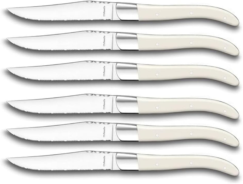 Amefa Lou Laguiole Steakmesser-Set 6-teilig | Griffe Weiss | Mikro-Wellenschliff mit langanhaltender