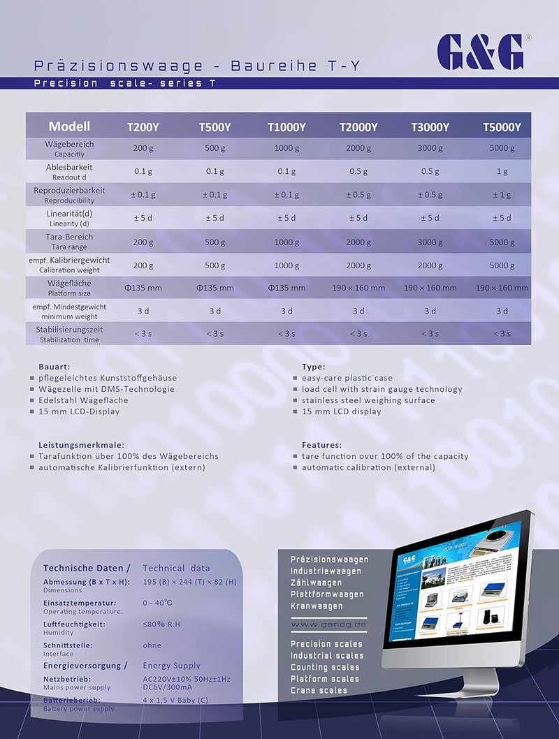 T5000Y 5000g/1g 5kg/1g Präzisionswaage Laborwaage Feinwaage Industriewaage Tischwaage Goldwaage G&G