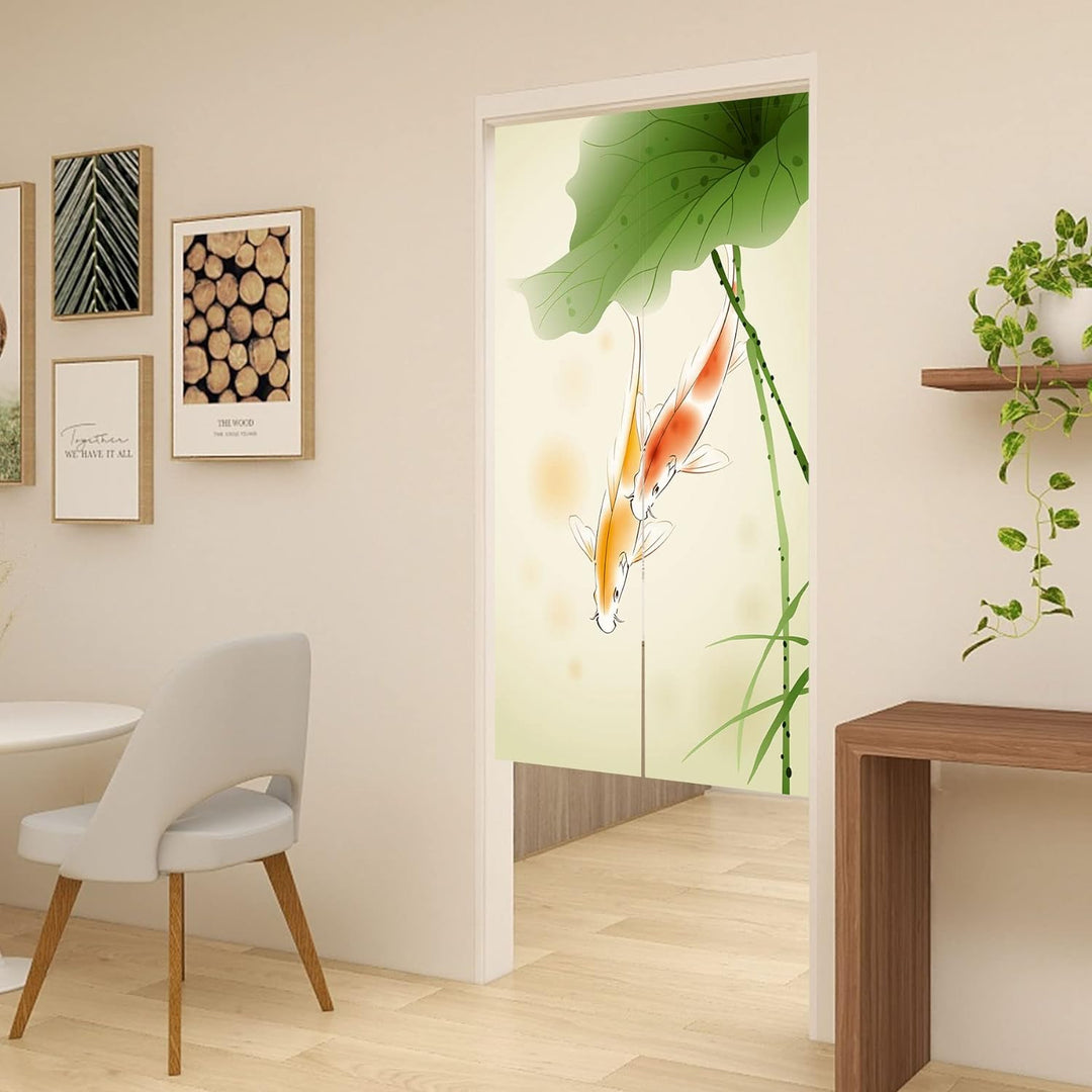 LIGICKY Japanischer Stil dick Leinen Noren Lang Vorhänge Lotus Leaf and Carp Türvorhang Raumteiler T