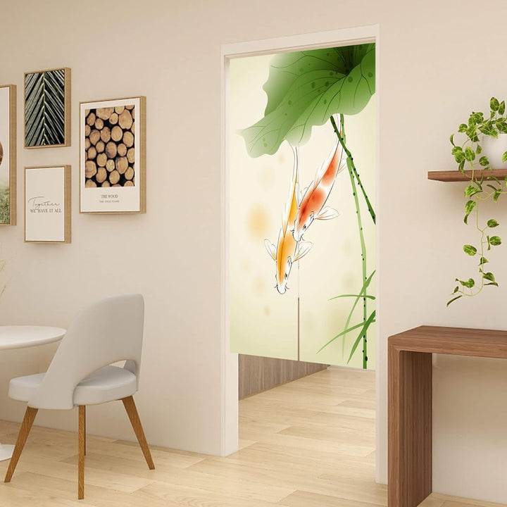 LIGICKY Japanischer Stil dick Leinen Noren Lang Vorhänge Lotus Leaf and Carp Türvorhang Raumteiler T