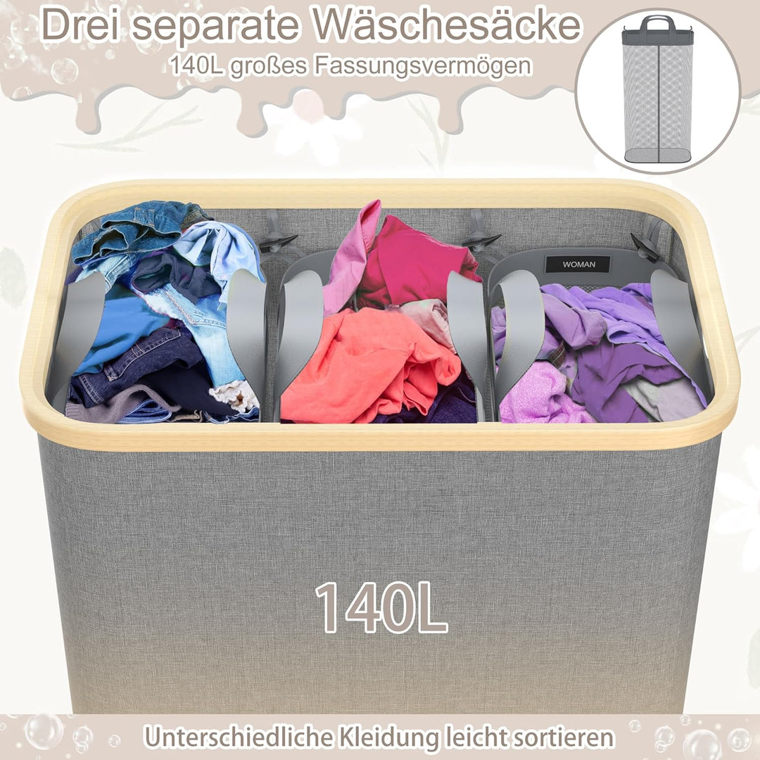 UISEBRT Wäschekorb mit Deckel, Wäschesammler 3 Fächer, 140L Wäschesack Schmal Faltbare Wäschekörbe,