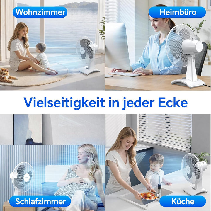 shinic Tischventilator 30 cm, 3 Geschwindigkeiten, Tischventilator sehr leise mit Oszillation, höhen