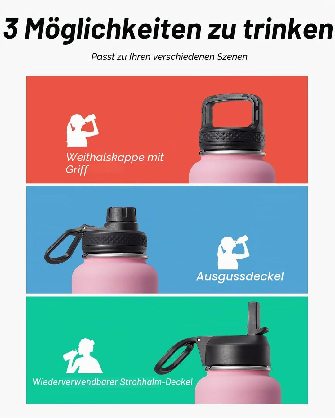 Coolflask Isolierte Wasserflasche 1L, Edelstahl Isolierte Wasserflasche mit Strohhalm & 3 Deckeln, D