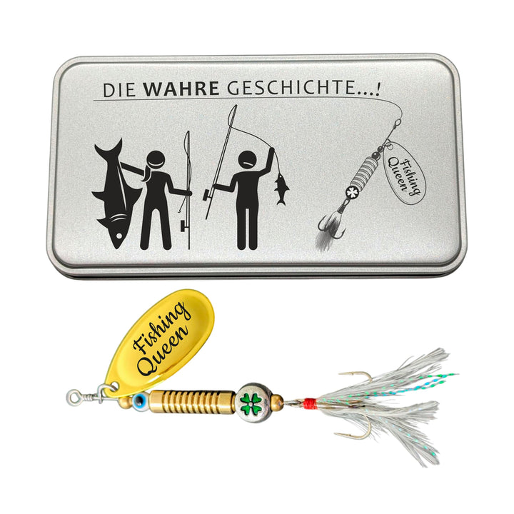 Anglergeschenk mit Gravur - Männer - Frauen - Angelköder - Angelhaken - Spinner - Glücksfisch (Die w