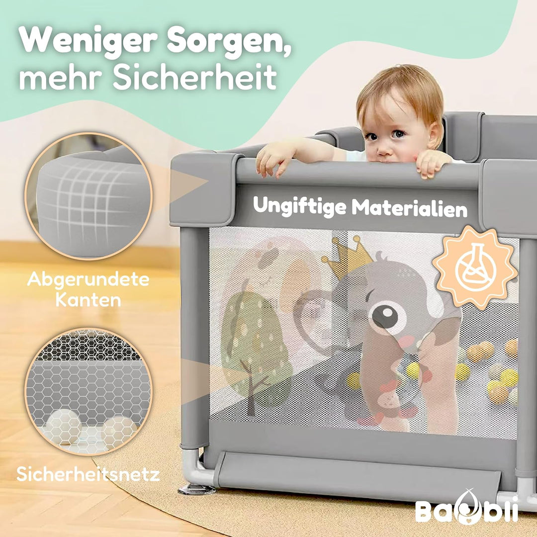 Laufstall für Babys, 150x180 cm, Babymatte, 60 Bälle, Griffe, Tragetaschen, Laufstall mit atmungsakt