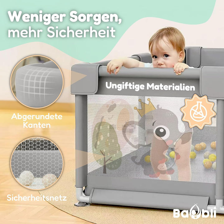 Laufstall für Babys, 150x180 cm, Babymatte, 60 Bälle, Griffe, Tragetaschen, Laufstall mit atmungsakt