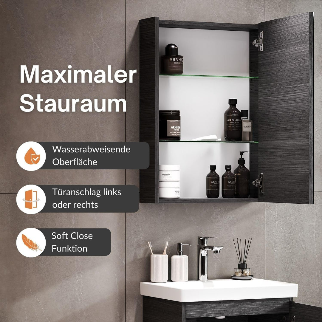 Planetmöbel Waschbeckenunterschrank mit Keramikwaschbecken & Spiegelschrank 50cm in Anthrazit, moder