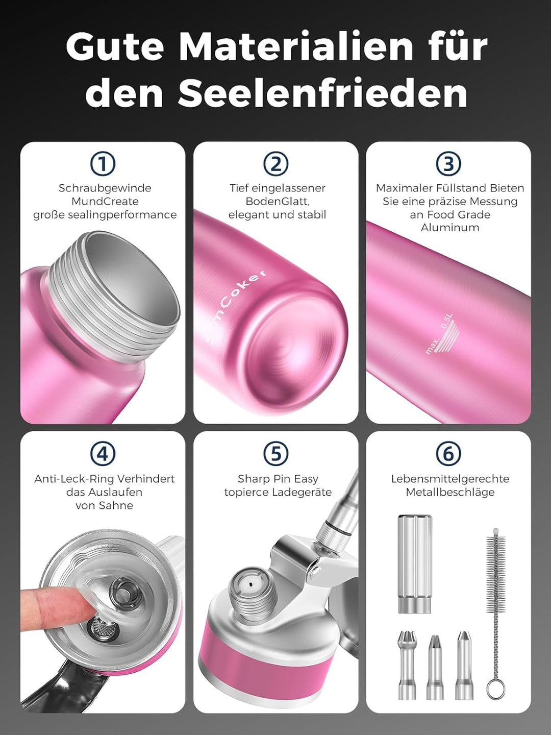 SimCoker Sahnespender 500ml, Aluminium Schlagsahnebereiter für Schlagsahne, Cremes und Sossen,Sahnes