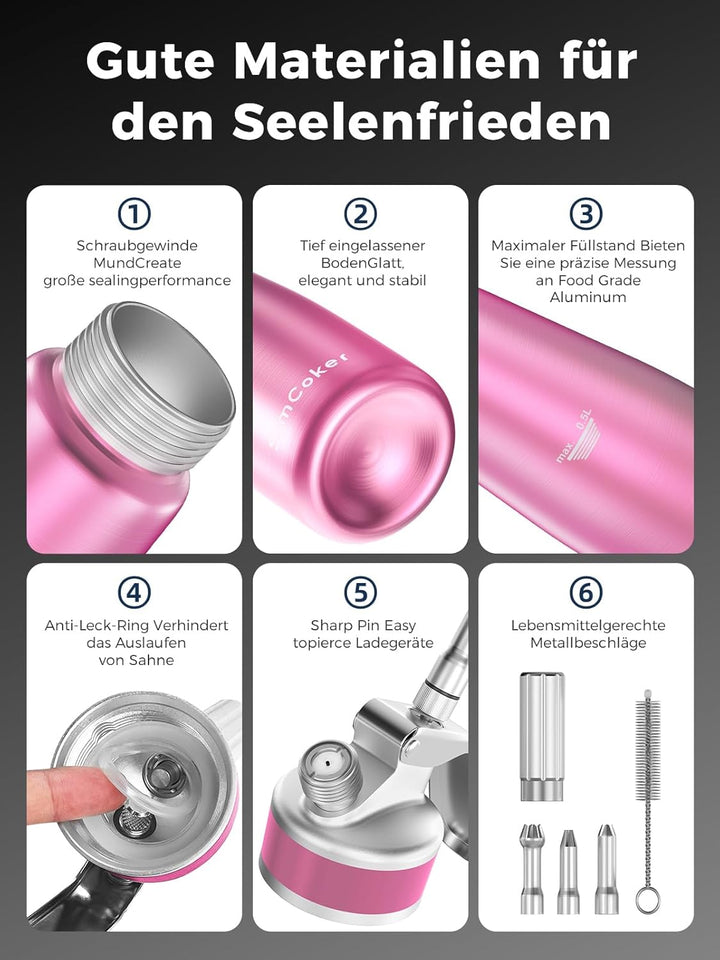 SimCoker Sahnespender 500ml, Aluminium Schlagsahnebereiter für Schlagsahne, Cremes und Sossen,Sahnes