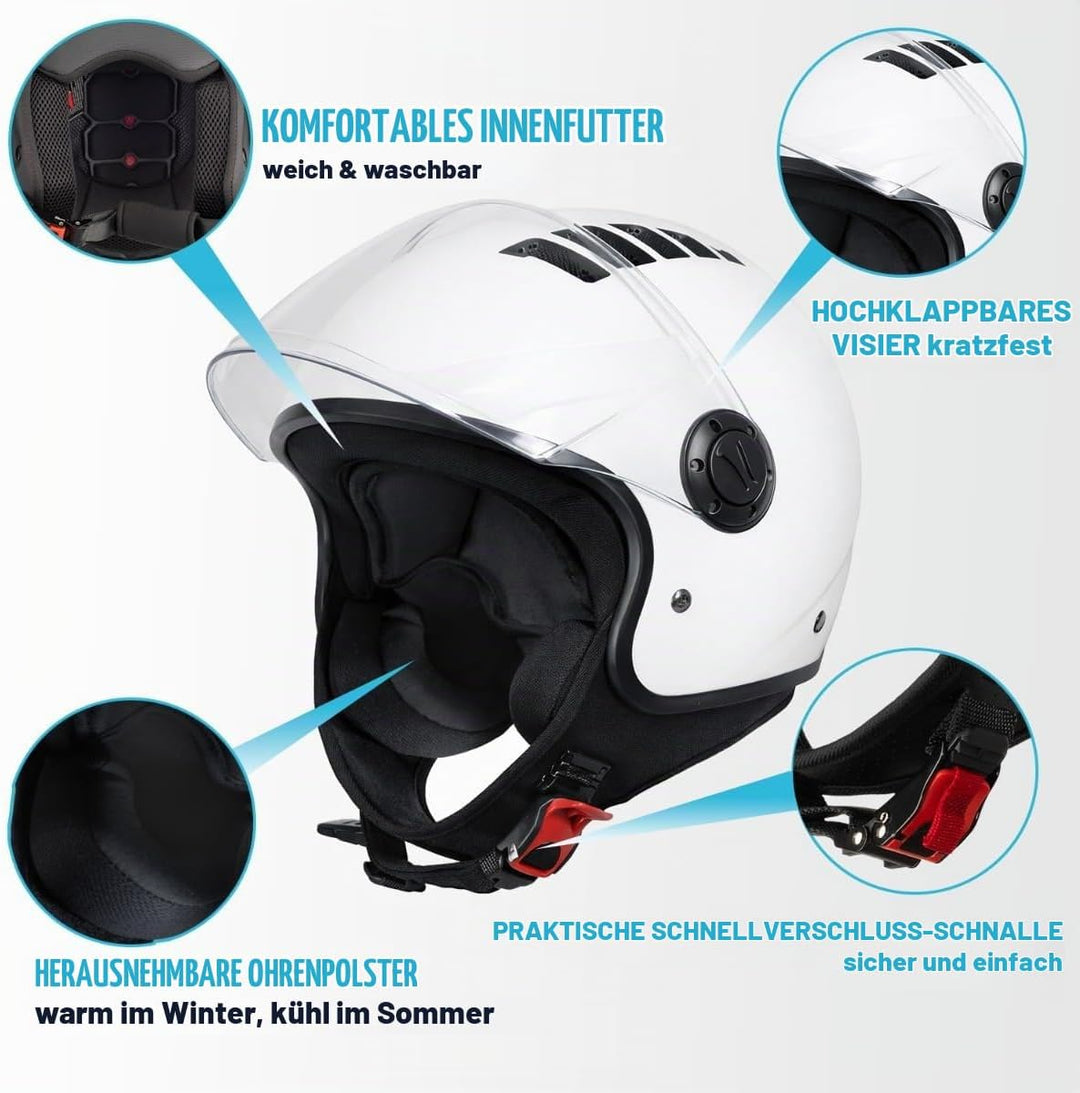 VINZ Como Jethelm mit Visier ECE 22.06 Zertifiziert | Roller Helm Mopedhelm Für Motoroller &amp; Vespa |