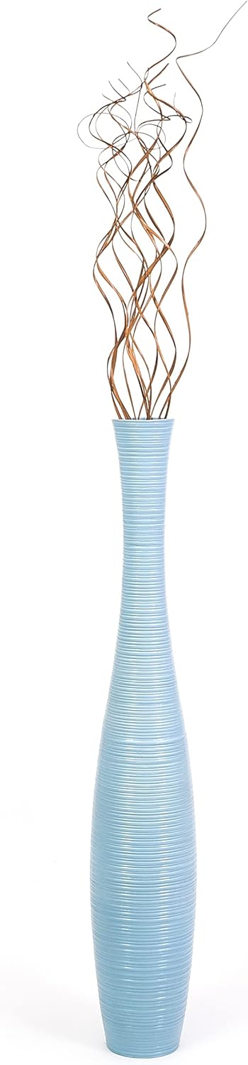 Leewadee Grosse Bodenvase für Dekozweige hohe Standvase Design Holzvase, Holz, 70 cm, Hellblau 70 cm