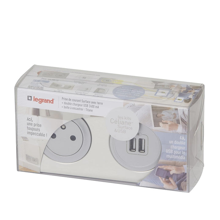 Legrand 200138 Céliane Kit Dual USB mit flexiblem Zwei polig/Erde Hauptventil, 230 V, titan, Titan