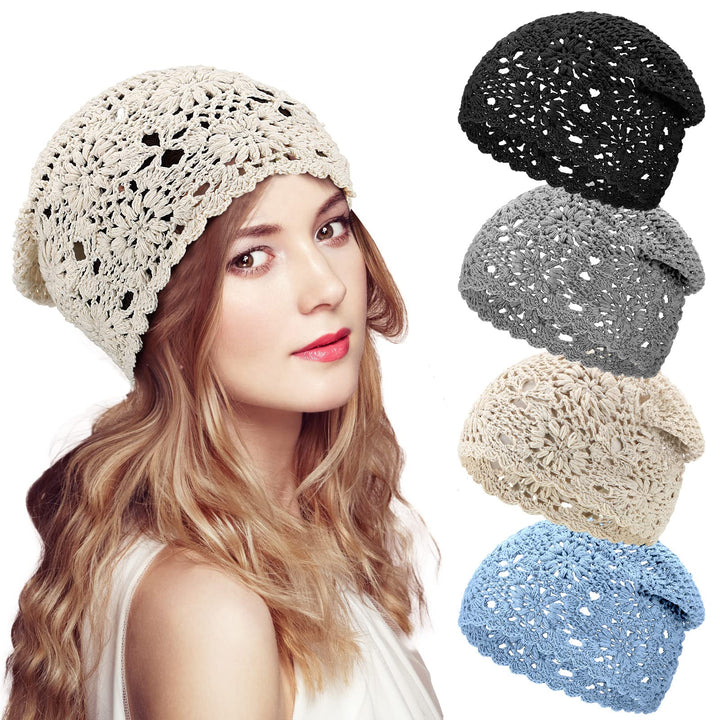 4 Stück gehäkelte Slouchy Beanie Mütze Herbst Handarbeit Strick Blumen Schädel Kappe Baumwolle Aussc