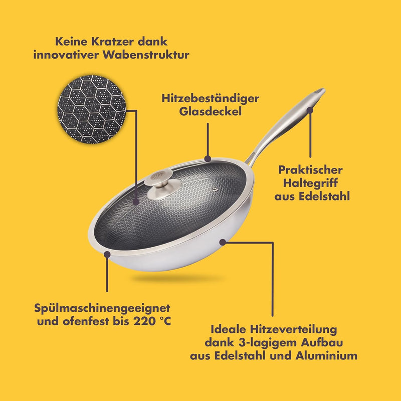 Reishunger Premium Wok aus Edelstahl | 28 cm Durchmesser | Mit Glasdeckel | Für alle Herdarten, Indu