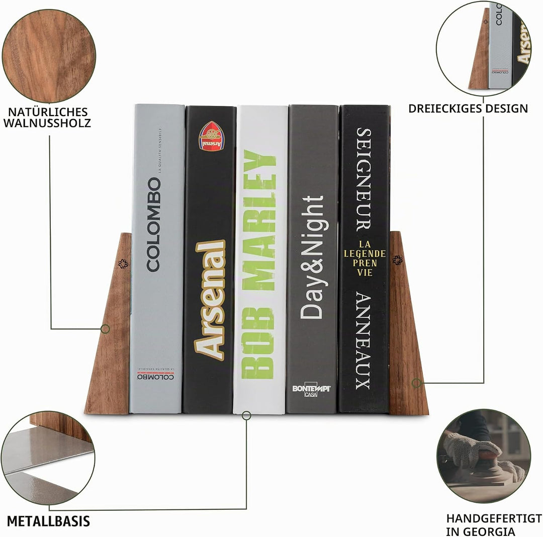 TILISMA Handgefertigte Walnuss Buchstützen für Regale-Bucherstützen aus Holz mit Metallbasis-Buchhal