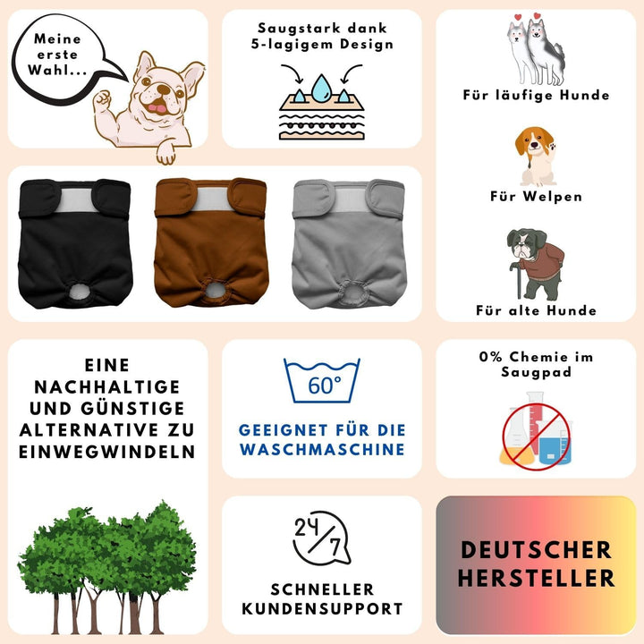 Alpenstern® Wiederverwendbare Hundewindeln für Hündinnen (3 Stück) Waschbare Läufigkeitshose für Hun