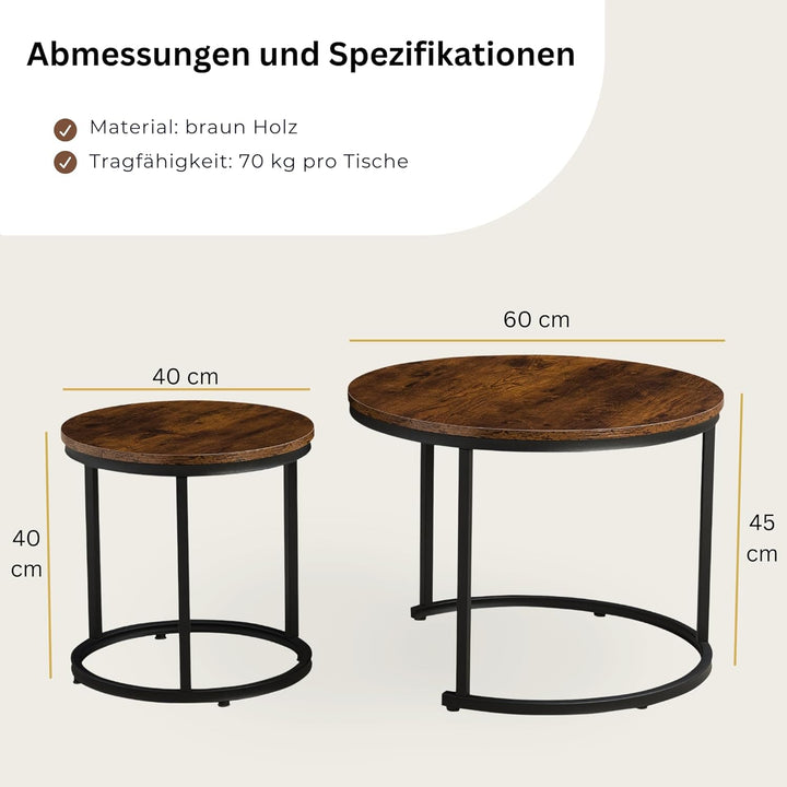Home-Heaven® Couchtische Rund Braun Holzoptik – Beistelltisch-Set aus 2 Tischen – Wohnzimmertisch Ø6