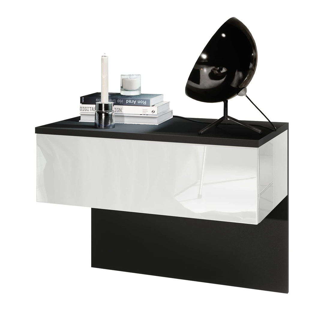 Vladon Nachttisch Sleep, Nachttischschrank mit Schublade zur Wandmontage, Schwarz matt/Weiss Hochgla