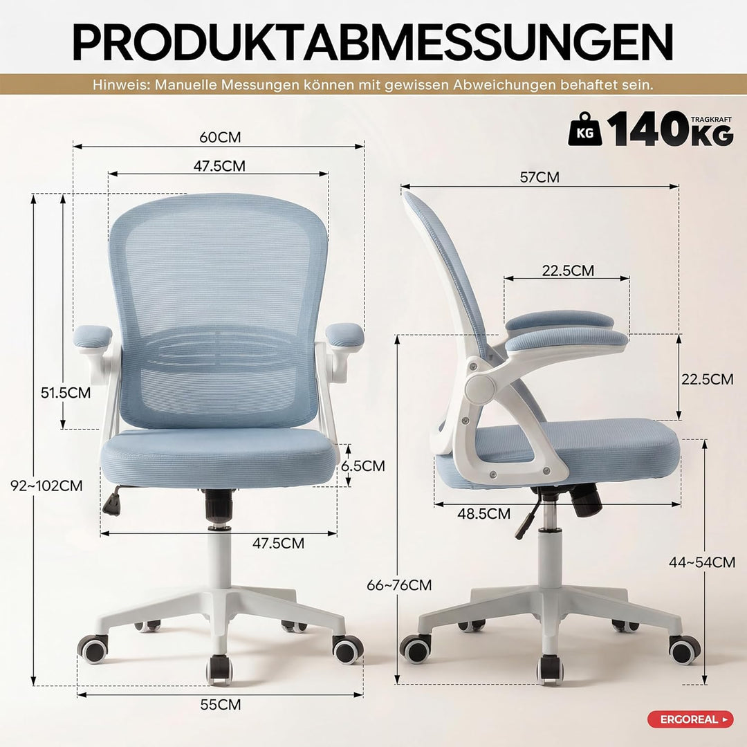 Ergonomischer Bürostuhl, 90-110° Verstellbare Rückenlehne & Aufklappbare Armlehnen (90°), Bürostuhl