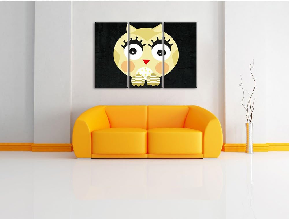 Pixxprint Hübsche gelbe überraschte Eule / 3-Teilig/Gesamtmass 120cm Leinwandbild bespannt auf Holzr