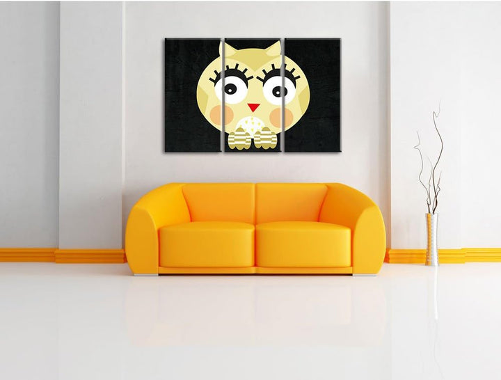 Pixxprint Hübsche gelbe überraschte Eule / 3-Teilig/Gesamtmass 120cm Leinwandbild bespannt auf Holzr