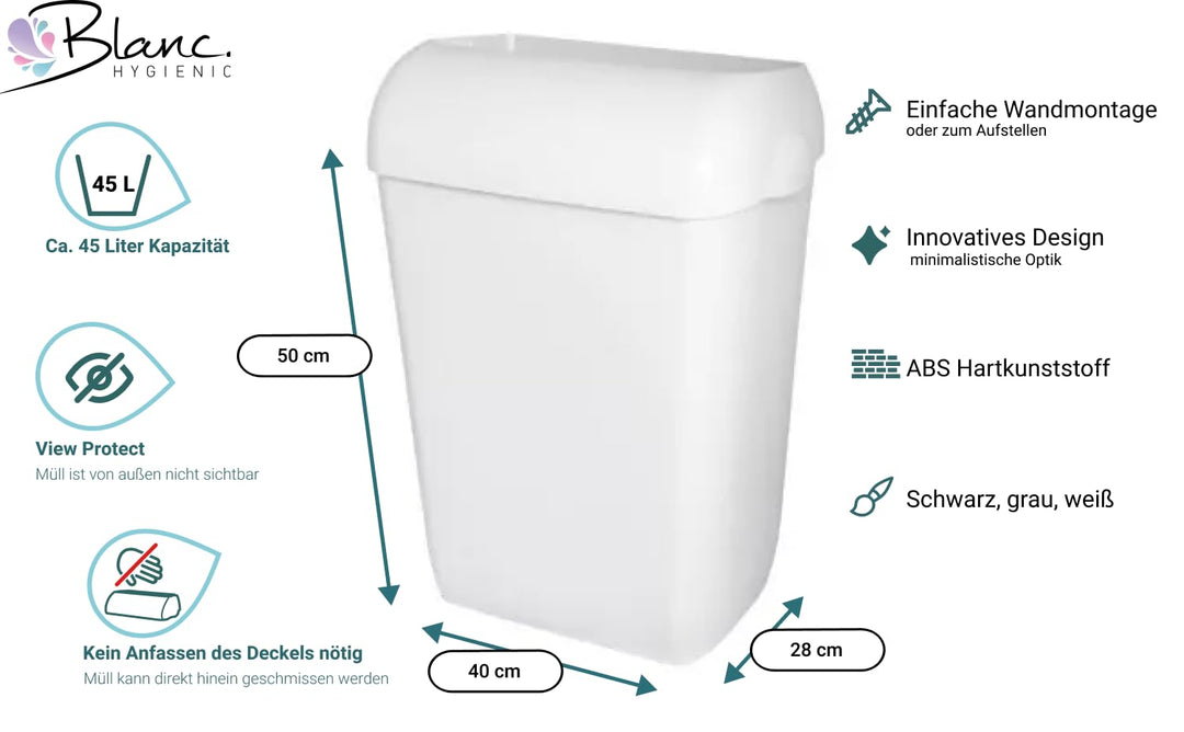 Blanc HYGIENIC Abfallbehälter Premium BIN – Mülleimer mit abnehmbarem Deckel, Abfalleimer 45 Liter,