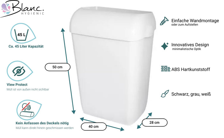 Blanc HYGIENIC Abfallbehälter Premium BIN – Mülleimer mit abnehmbarem Deckel, Abfalleimer 45 Liter,
