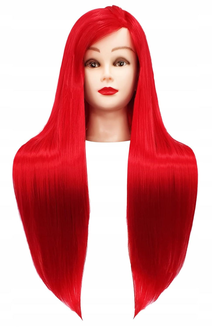 Iza Trainingskopf 60cm rot, Thermohaar + Griff, Friseurkopf zum Kämmen, Übungskopf