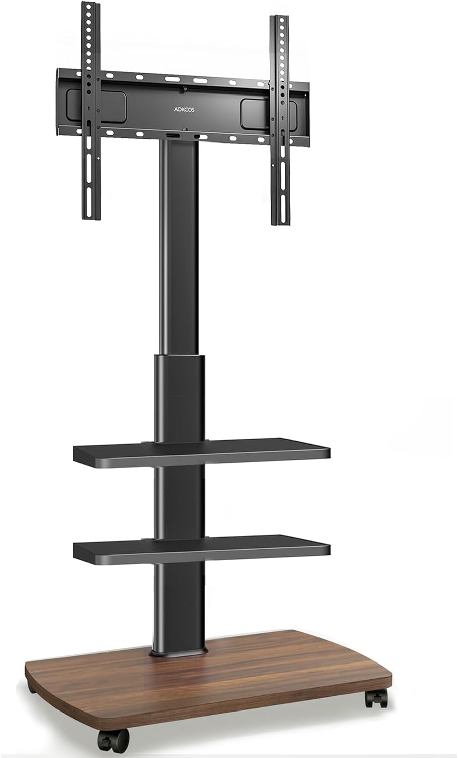 AOKCOS TV Ständer Rollbar mit Holzablage 2 Regal, Fernsehständer auf Rollen für 32-65 Zoll TV, TV Bo