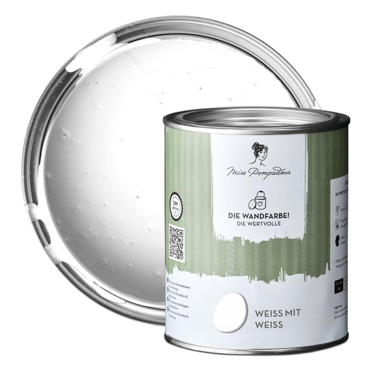 MissPompadour extramatte Wandfarbe Weiss mit Weiss 1L - sehr hohe Deckkraft - geruchsneutrale, sprit