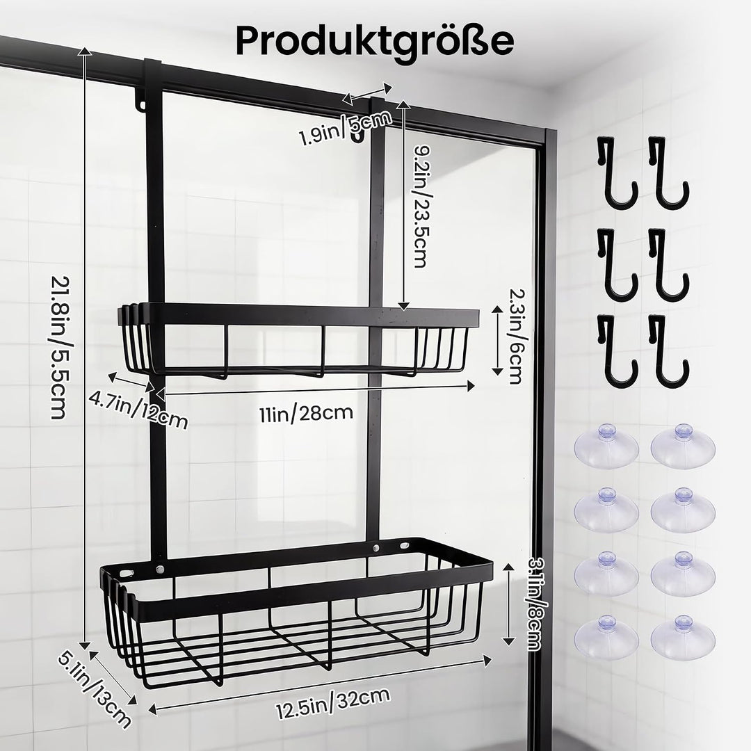 Duschablage zum Hängen Schwarz, Duschregal Ohne Bohren für Badezimmer Organizer Hängeregal mit 2 Dus