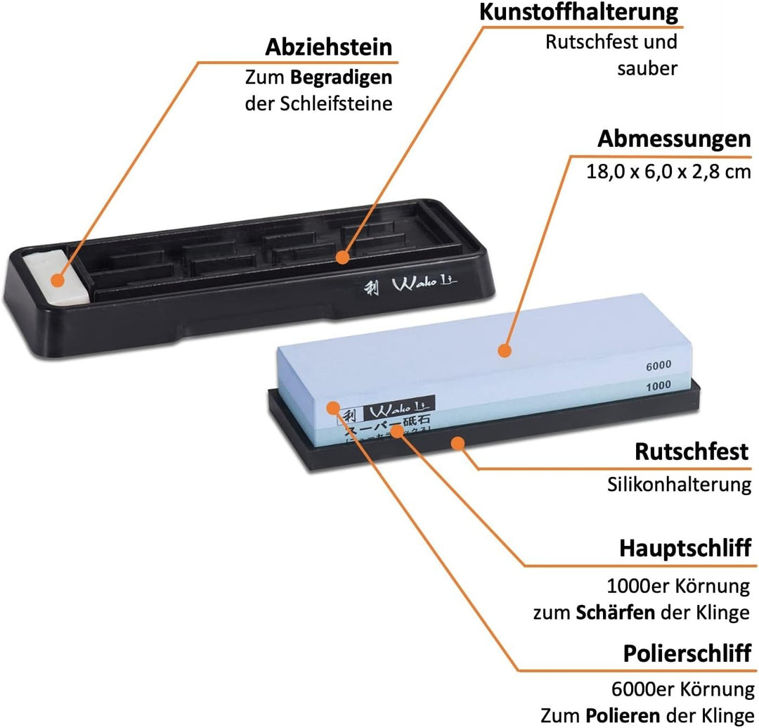 Wakoli Messer Schleifstein 1000er und 6000er Körnung (beidseitig) I Messerschärfer Set - Wetzstein z