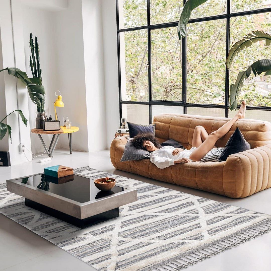 payé Teppich Wohnzimmer - 140x200cm - Creme Grau Blau - Raute Meliert - Hochtief Effekt - Fransen De