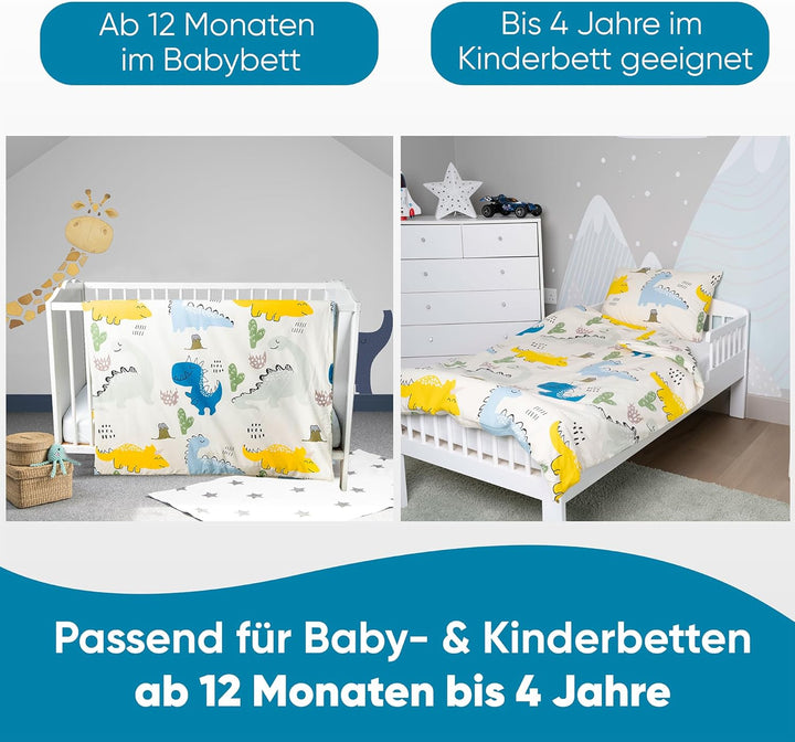 BELIKATO Kinderbettwäsche 100x135 aus 100% Baumwolle mit Dino-Motiven - Kinder- und Baby-Bettwäsche