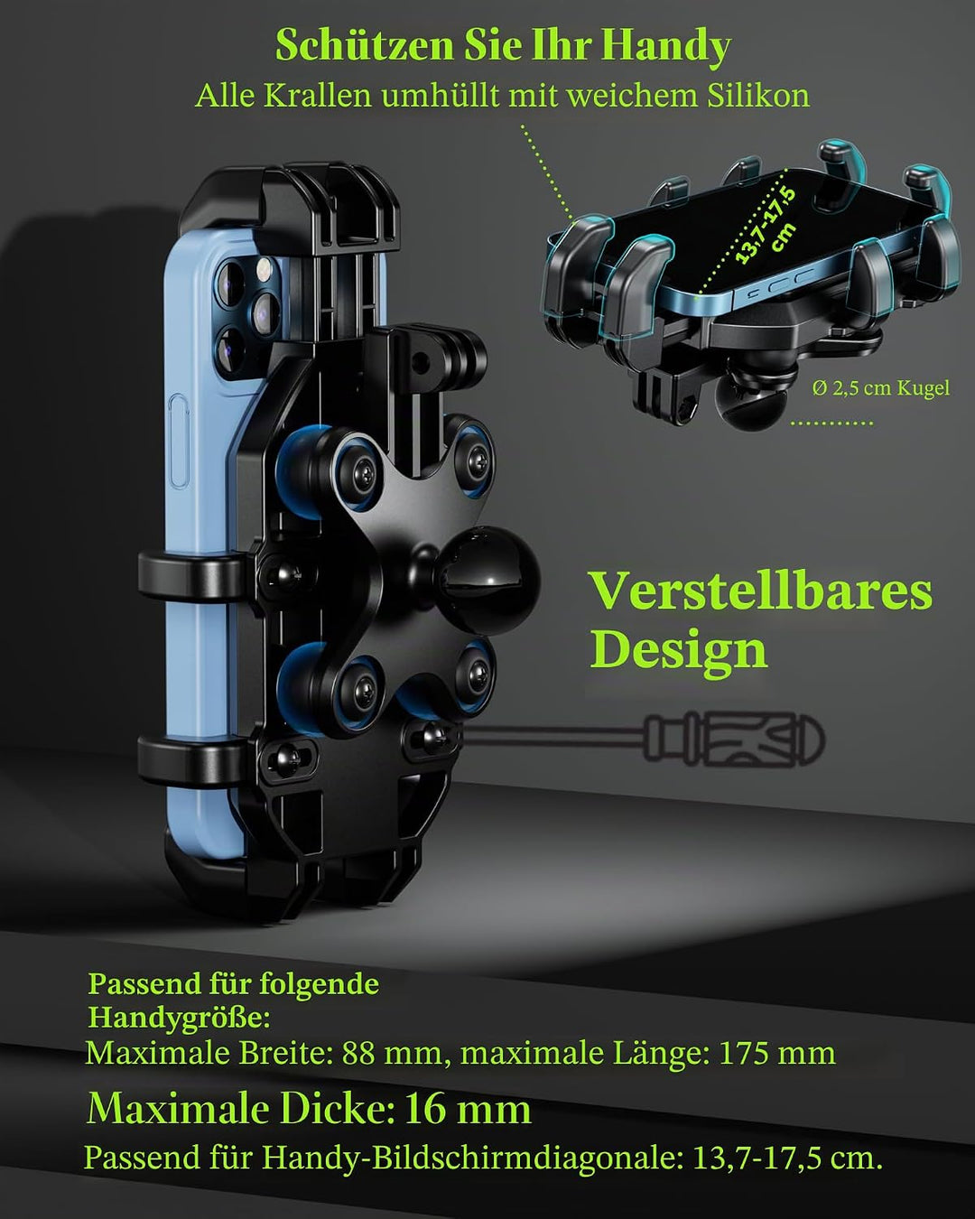 BRCOVAN Motorrad Handyhalterung mit Vibrationsdämpfer, Anti-Shake Handy Motorradhalterung, Verstellb